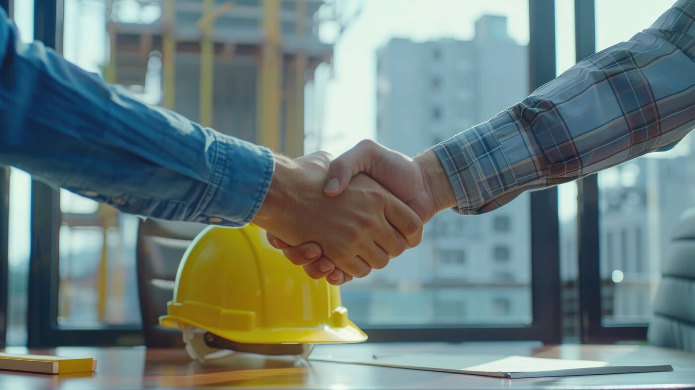 Handshake over a hard hat