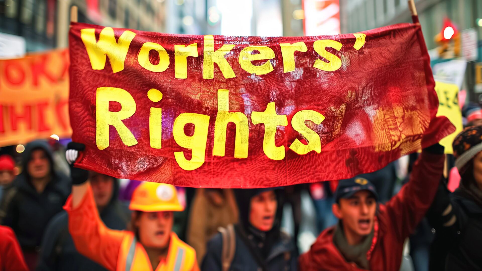 Workers marching under a Workers' Rights banner
