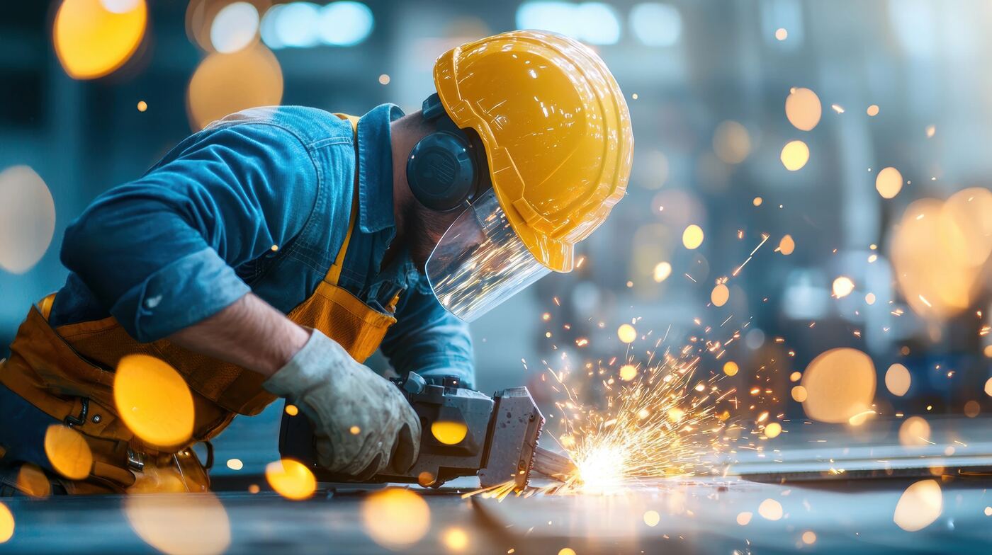 Trades worker cutting metal, sparks flying